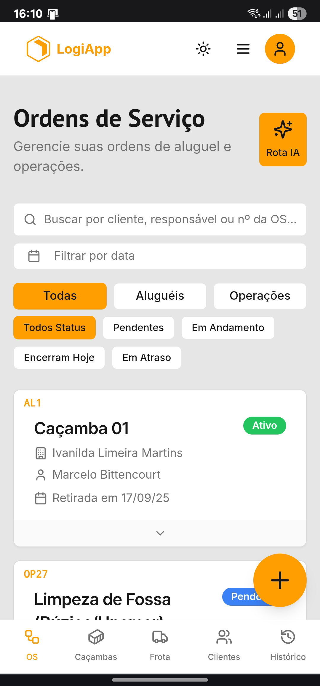 Interface real do aplicativo mobile do LogiApp